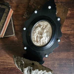 French antique framed Holy Family with shell Holy water font