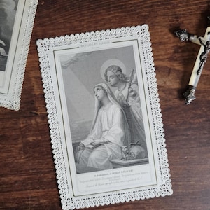 Franse antieke Heilig Gebedskaart 'My place in Heaven' met gekantelde papieren rand.