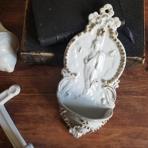 Antique French Porcelain Holy water font with Jesus Our Saviour