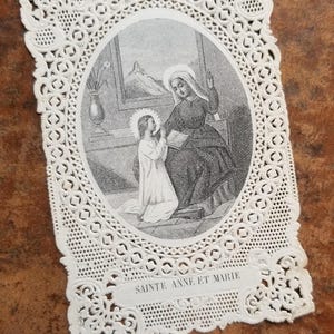 Immagine sacra antica francese raffigurante Sant'Anna e Maria bambine