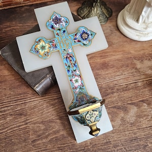 French antique enameled bronze and onyx cross with IHS and floral decor
