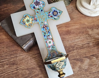 French antique enameled bronze and onyx cross with IHS and floral decor