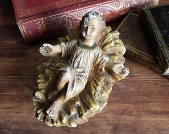 French antique Infant Jesus polychrome plaster figurine for Nativity scene