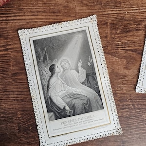 French antique Holy prayer card 'Thoughts from Heaven' with lace cut paper border