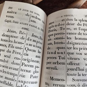 Peut inclure: Un livre ouvert avec du texte français sur les pages. Le texte est en encre noire sur papier blanc. Le livre est relié en cuir brun. Les pages sont usées et jaunies par le temps.