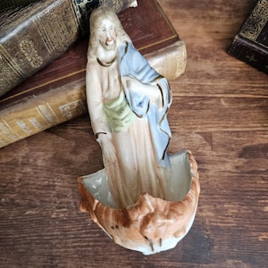 Antique bisque Holy water font with Jesus figurine