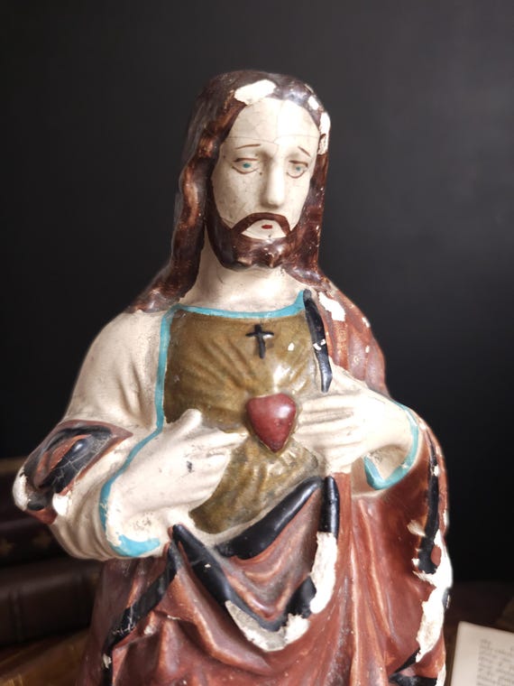 Antique Sacred Heart of Jesus Small Polychrome Plaster Statue 