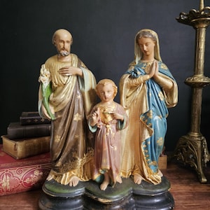 Antique large Holy family painted plaster statue.