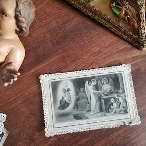 Franse antieke heilige gebedskaart voor Sint Zita met kantgesneden papier