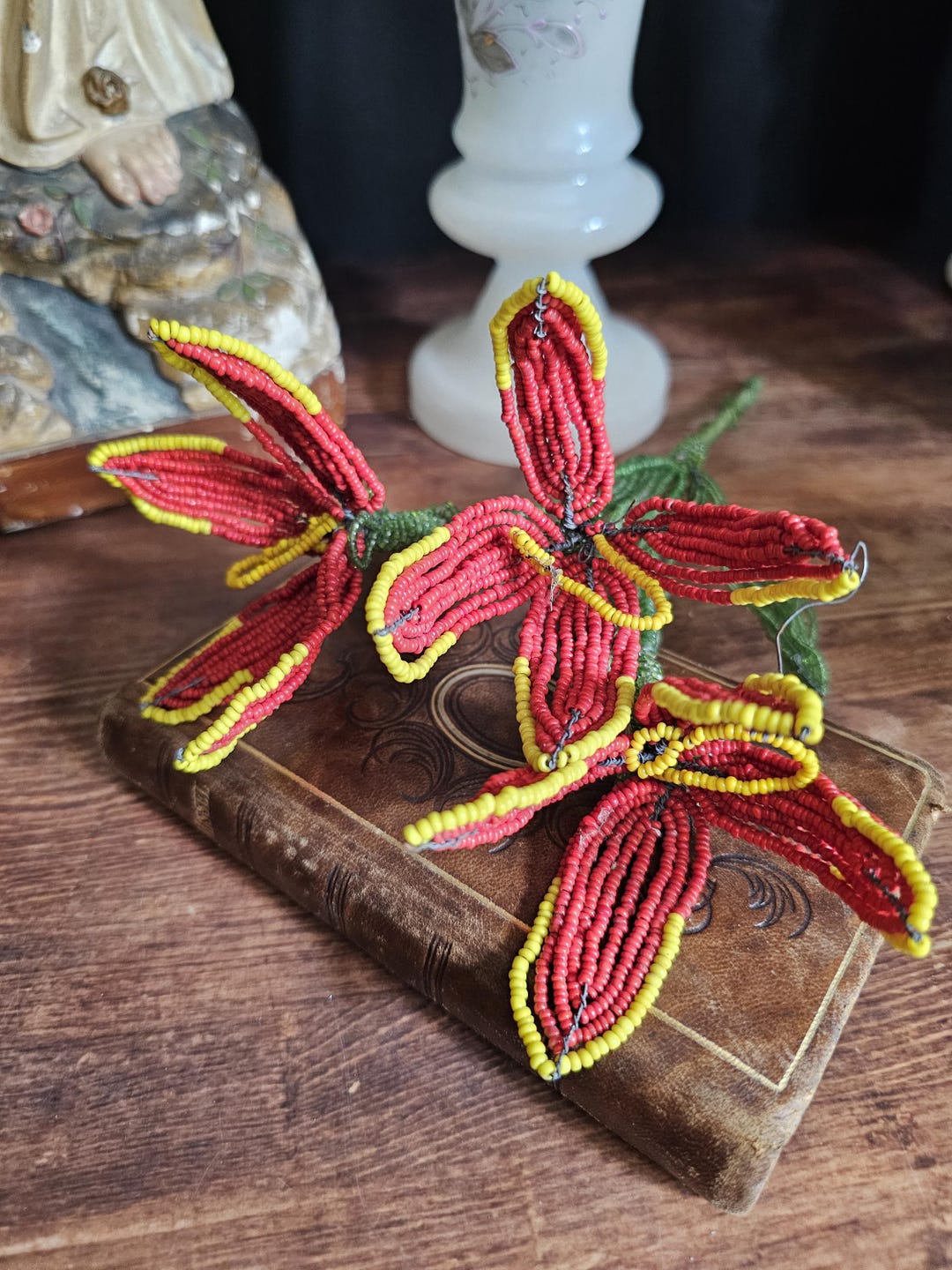 French Antique Glass Beaded Red Flower Stem - Etsy