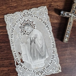 Franse antieke St. Louis of Gonzague Heilige gebedskaart met kant gesneden papier