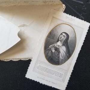 Immagine di preghiera antica francese per Santa Teresa d'Avila e Maria