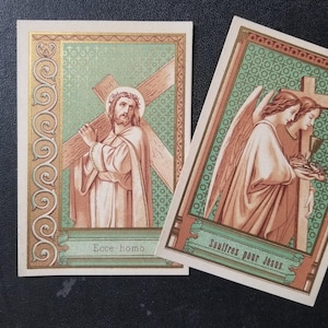 Paire de cartes religieuses anciennes françaises Ecce Homo et anges.