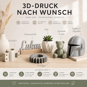 Könnte beinhalten: Eine Sammlung von 3D-gedruckten Objekten, darunter ein graues Bauteil, ein Namensschild 'Lukas' auf Holzsockel, ein weißer geometrischer Übertopf mit Sukkulente, ein salbeigrüner geometrischer Bär und ein grauer Helm, mit deutschem Text.