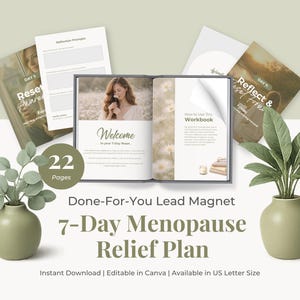 Puede incluir: Un libro abierto con el título "7-Day Menopause Relief Plan" y la palabra "Welcome", rodeado de otros documentos y plantas. El libro tiene 22 páginas y es un imán de plomo listo para usar.