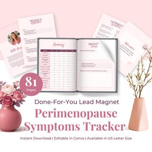 Pode incluir: Um layout rosa e branco com um diário aberto para um calendário de janeiro, rodeado por páginas informativas e um arranjo floral. O texto diz "Perimenopause Symptoms Tracker" e "81 páginas."