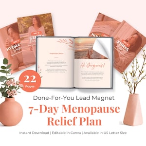 Könnte beinhalten: Ein Layout für einen 7-Tage-Menopause-Relief-Plan. Das Design umfasst ein offenes Buch mit dem Text "Hi Gorgeous!" und mehrere Broschüren. Das Farbschema ist zartrosa und beige, mit floralen Akzenten und dem Text "22 Pages".