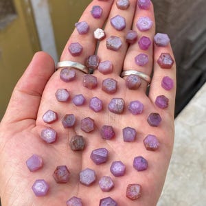 May include: A collection of small, hexagonal, raw ruby gemstones in varying shades of pink and purple. The gemstones are held in a hand, showcasing their natural, unpolished appearance. The gems have a translucent quality.