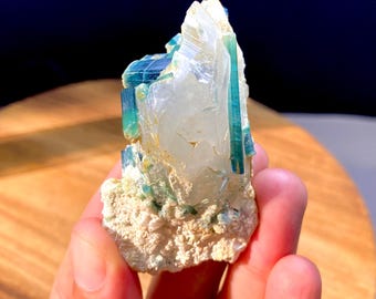 Turmalina azul indicolita con cuarzo, muestra de cristales de matriz de Afganistán