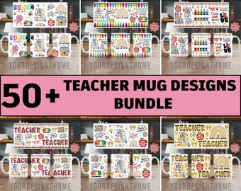 Paquete de más de 50 diseños de envolturas para tazas de profesores, diseños de sublimación para tazas de 11 oz y 15 oz, envolturas para tazas de agradecimiento a los profesores, tazas para la vida de un profesor, imágenes PNG de tazas para profesores