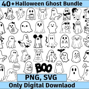 May include: A collection of over 40 black and white Halloween ghost illustrations. The ghosts have various designs, some holding objects like coffee cups and pumpkins. Text includes "40+ Halloween Ghost Bundle", "BOO", and "PNG, SVG Only Digital Download".