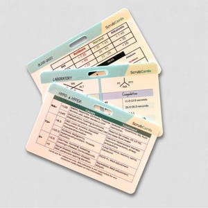 May include: A stack of three rectangular ScrubCards reference badges featuring medical data tables. The cards display clinical information including blood gases, laboratory values, and electrolyte imbalances with text labels and numerical ranges.