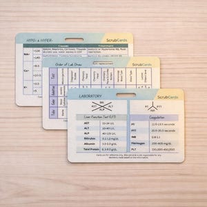 May include: Three white medical reference cards with rounded corners are stacked. The top card has "HYPO- & HYPER-" and "ScrubCards" printed on it. The middle card says "LABORATORY" and lists liver function tests. The bottom card shows coagulation information.