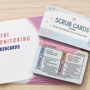 May include: A set of fetal monitoring flashcards in a clear plastic sleeve with a header card labeled SCRUB CARDS. The cards feature a table with medical data on baseline, variability, accelerations, and decelerations in black text on a white background.