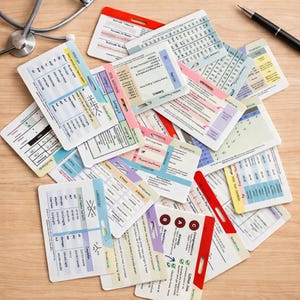 May include: A collection of colorful ScrubCards, featuring medical information and charts. The cards are white with various colored accents and text, including "Laboratory" and "Airway". A stethoscope and pen are visible in the background.