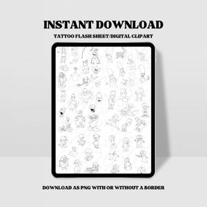 Può includere: Un foglio di download digitale di illustrazioni in bianco e nero di vari personaggi del cartone animato I Simpson. Il foglio include personaggi come Homer, Marge, Bart, Lisa, Maggie e altri. Il testo "INSTANT DOWNLOAD" e "TATTOO FLASH SHEET/DIGITAL CLIPART" è in cima al foglio. Il testo "DOWNLOAD AS PNG WITH OR WITHOUT A BORDER" è in fondo al foglio.