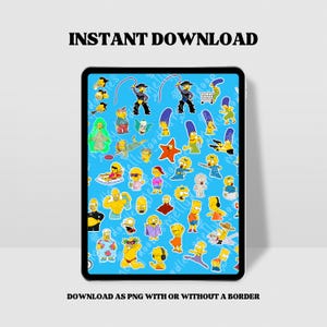 Puede incluir: Una ilustración digital de varios personajes del programa de televisión animado Los Simpson. Los personajes se representan en una variedad de poses y expresiones, incluyendo a Bart Simpson patinando, Homer Simpson comiendo una dona y Marge Simpson con su característico cabello azul. El fondo es de color azul claro con un borde blanco.