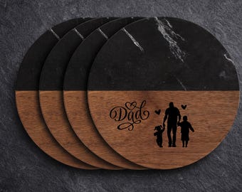 Custom Engraved Marble Wood Coasters, Housewarming Gift, Dad Family Silhouette