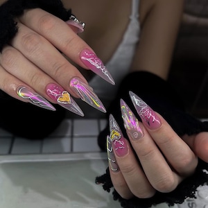 Handmade Holographic Butterfly Press On Nails | 3D Chrome Hearts & Wings | Transparent Pink Long Stiletto Nails for Party or Photoshoot