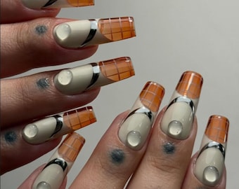 Handmade Retro-Futuristic Press On Nails | Cyberpunk Amber Jelly Nail Art | Silver Metallic Chrome French Tip Nails