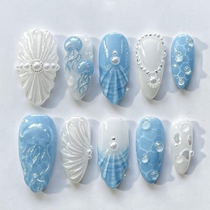 Handmade Ocean Jellyfish Press On Nails | Baby Blue and White Seashell, Jellyfish, Bubble and Pearl 3D Art | Medium Oval Nails for Summer
