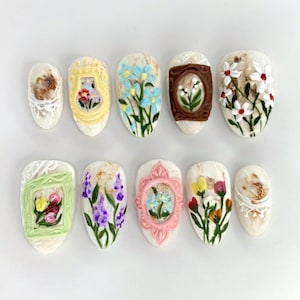 Handmade Vintage Floral Frame Press On Nails | 3D Pastel Flowers in Ornate Portrait Art | Oval Nails for Cottagecore Lovers