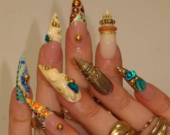 Handmade 3D Sculpted Ancient Gold & Turquoise Gemstone Nails | Avant-Garde Luxury Hardware Art