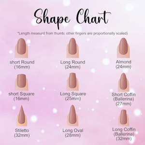 May include: A nail shape chart with nine different nail styles, including short round, long round, almond, short square, long square, short coffin, stiletto, long oval, and long coffin. Each shape is displayed with its length in millimeters.