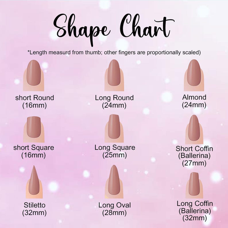 May include: A nail shape chart with nine different nail styles, including short round, long round, almond, short square, long square, short coffin, stiletto, long oval, and long coffin. Each shape is displayed with its length in millimeters.