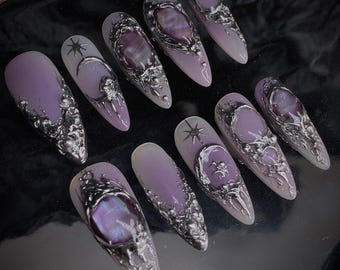 Handmade Gothic Cat Eye Press On Nails | Purple Chrome Moon & Star 3D Liquid Metal Design | Stiletto Cosmic Vibes Set