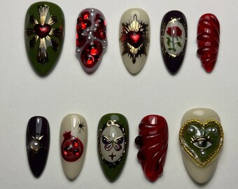 Handmade Gothic Royal Press On Nails | 3D Hearts, Butterfly, Rose, Evil Eye & Gem Accents in Red and Olive | Almond Nails For Regal Art Vibe