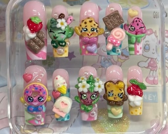 Handmade Kawaii Dessert Press On Nails | Shopkins-Inspired Characters, Chocolate, Donut & Ice Cream | Long Coffin Nails For Cute Sweet Vibes