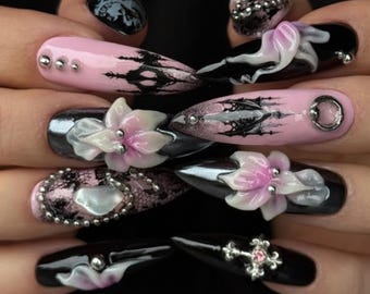 Handmade Gothic Romantic Press On Nails | Black & Pink Lace, 3D Flowers, Studs and Cross Charms |Stiletto Nails For Spooky Vibes