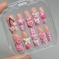 Kawaii Teddy Bear Press On Nails, Cute Pink Heart and Button 3D Nail Art, Gingham Plaid Strawberry Nails, Sweet Girly Handmade Fake Nail Set