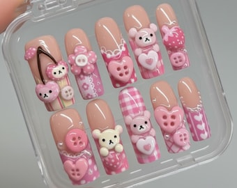 Kawaii Teddy Bear Press On Nails, Cute Pink Heart and Button 3D Nail Art, Gingham Plaid Strawberry Nails, Sweet Girly Handmade Fake Nail Set