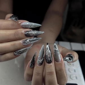 Handmade Chrome Black Silver Press On Nails | Long 3D Abstract Stiletto Nails | Gothic Metallic Nail Art for Night Party or Photoshoot
