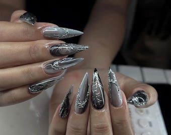 Handmade Chrome Black Silver Press On Nails | Long 3D Abstract Stiletto Nails | Gothic Metallic Nail Art for Night Party or Photoshoot