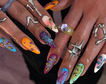 Handmade Iridescent Y2K Press On Nails | Chrome Line & 3D Drop Art in Rainbow Gradient | Trendy Futuristic Nail Design