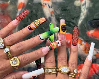 Handmade 3D Sushi & Sashimi Press On Nails | Realistic Salmon, Tuna and Ikura Art | Extra Nails For Maximalist Foodie Aesthetic