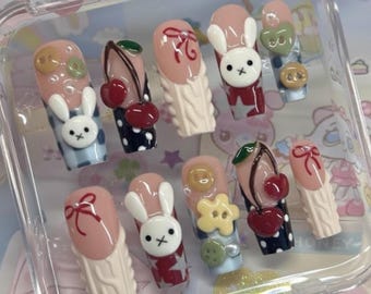 Handmade Kawaii Bunny Press On Nails | Cherries, Buttons, Knit Texture & 3D Cute Art | Long Square Nails For Playful Cozy Vibes